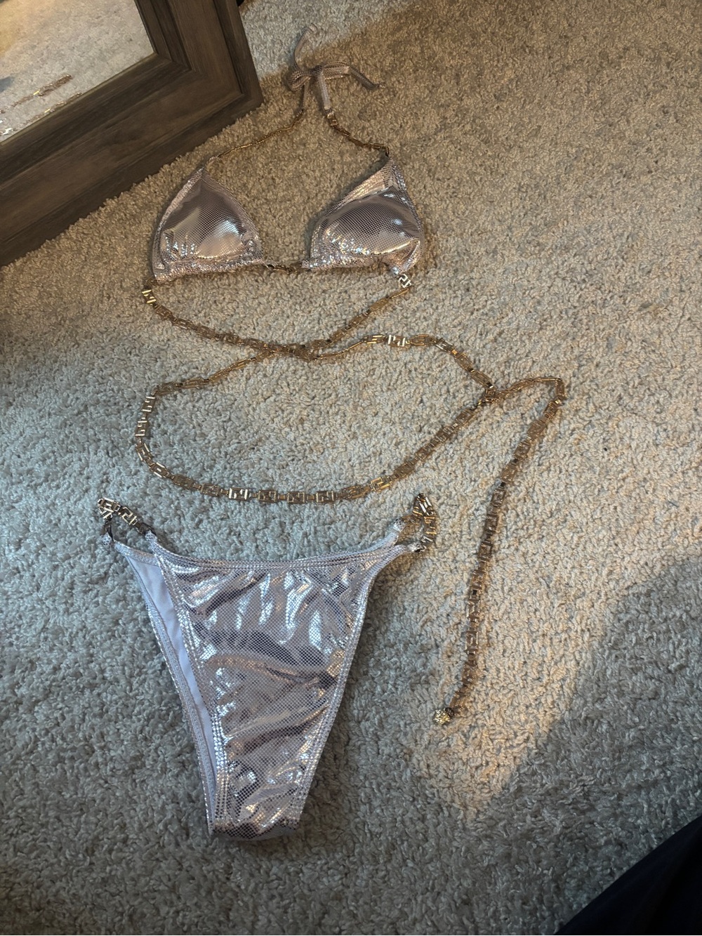Versace White Bikini Bottom with Gold Chain Detail
